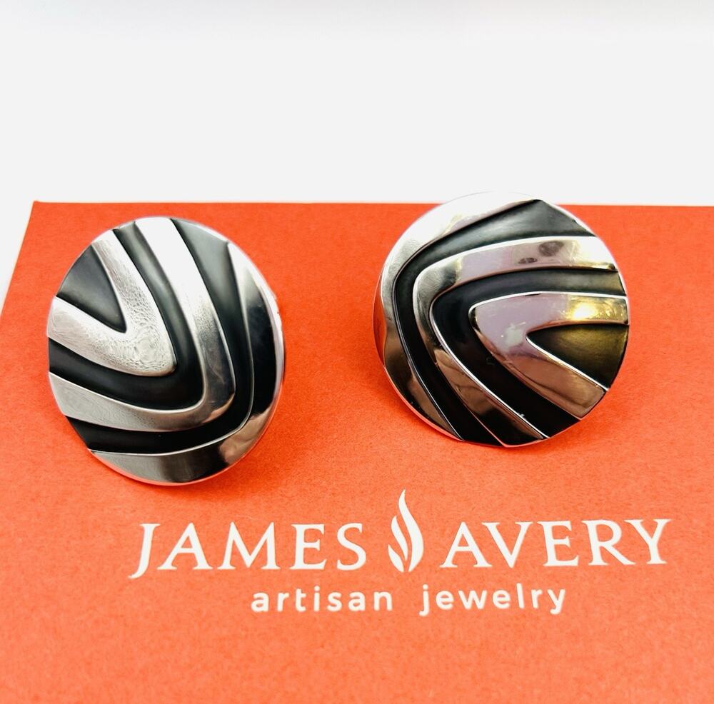 James Avery Retired 925 Sterling Silver Art Deco Oxidized Clip On Disc Earrings